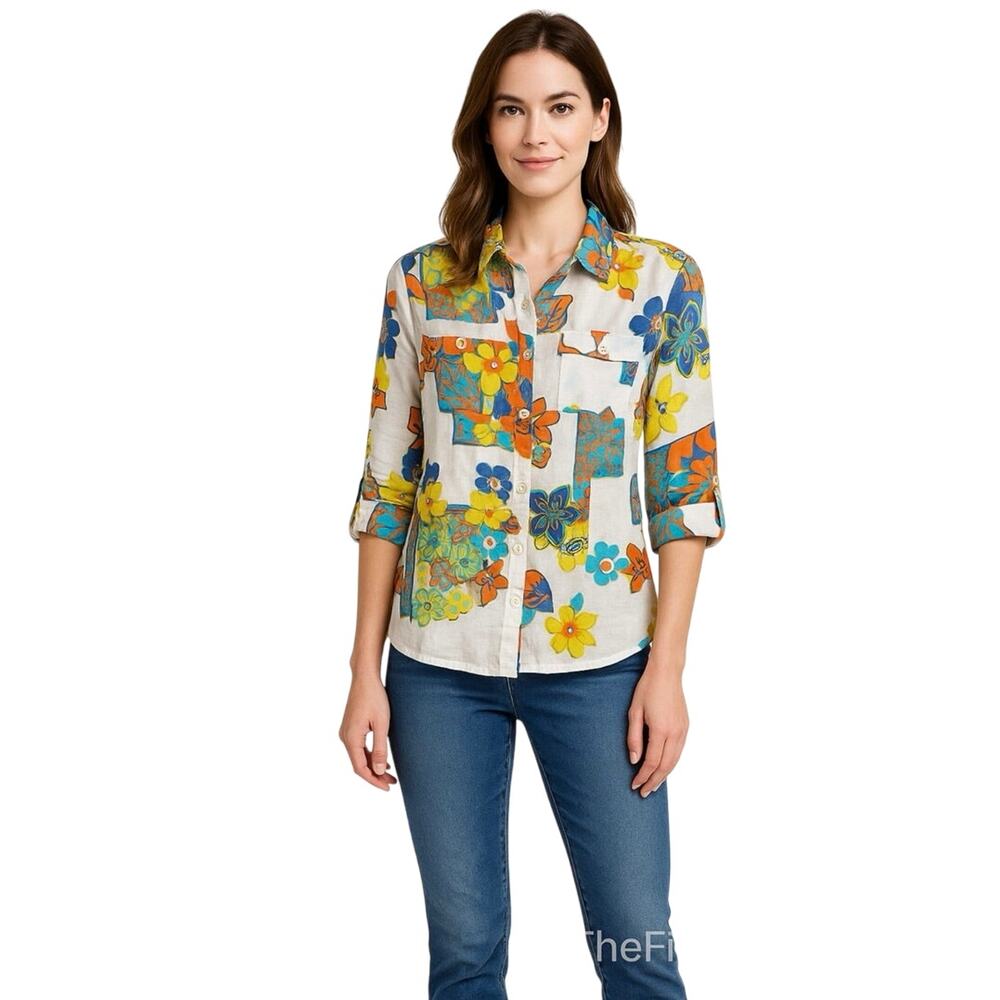 Multiples Patchwork Floral Button Front Top Mediu… - image 1